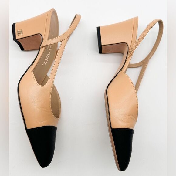 CHANEL Slingback Cap Toe Beige & Black Heels Leather Pumps EU 37.5 US 6.5-7 - Picture 13 of 15